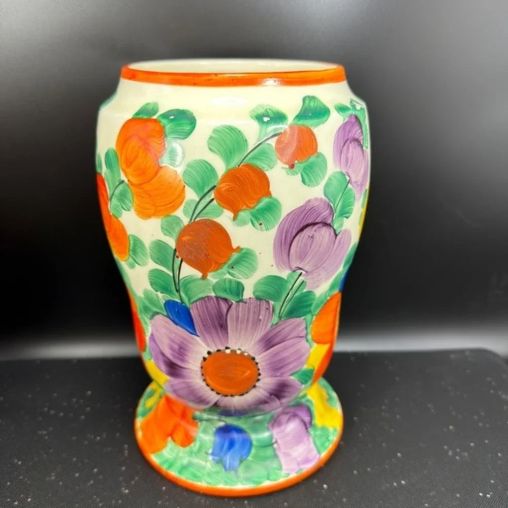 Vintage Czechoslovakia Hand Painted Floral Ceramic Vase Vessel Multi Color 1930s